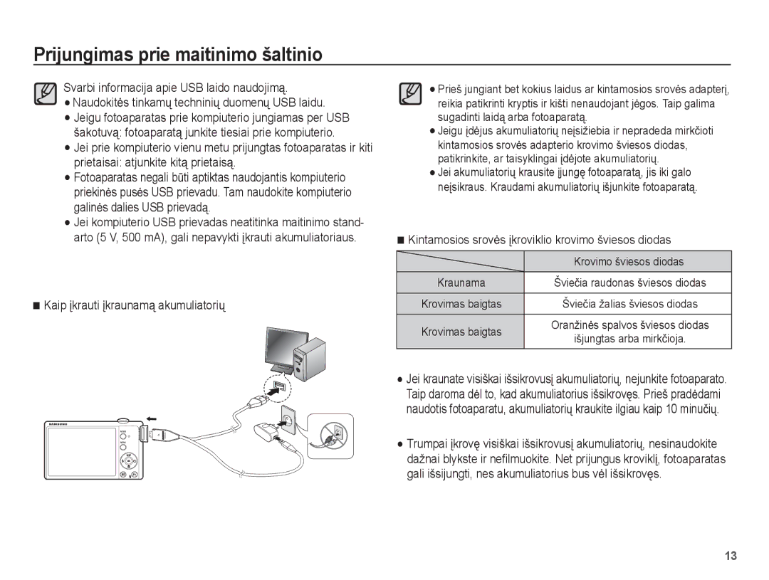 Samsung EC-ST60ZZBPRRU manual Kaip Ƴkrauti Ƴkraunamą akumuliatoriǐ, Kintamosios srovơs Ƴkroviklio krovimo šviesos diodas 