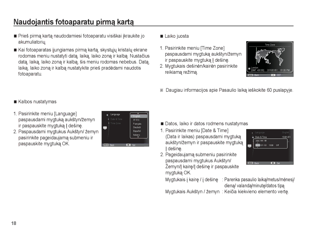 Samsung EC-ST60ZZBPSE2 manual Naudojantis fotoaparatu pirmą kartą, Mygtukais dešinơn/kairơn pasirinkite reikiamą režimą 