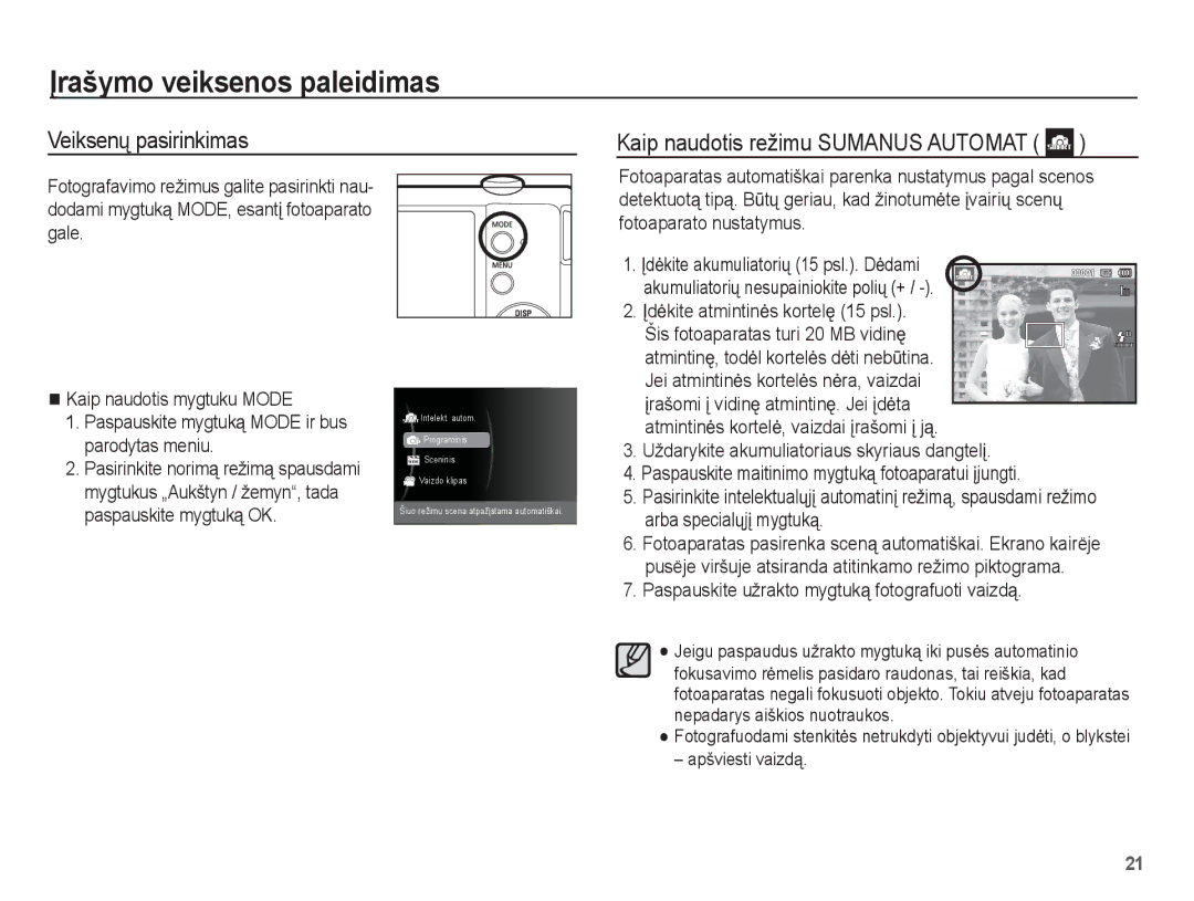 Samsung EC-ST60ZZBPSRU manual Ʋrašymo veiksenos paleidimas, Veiksenǐ pasirinkimas Kaip naudotis režimu Sumanus Automat 