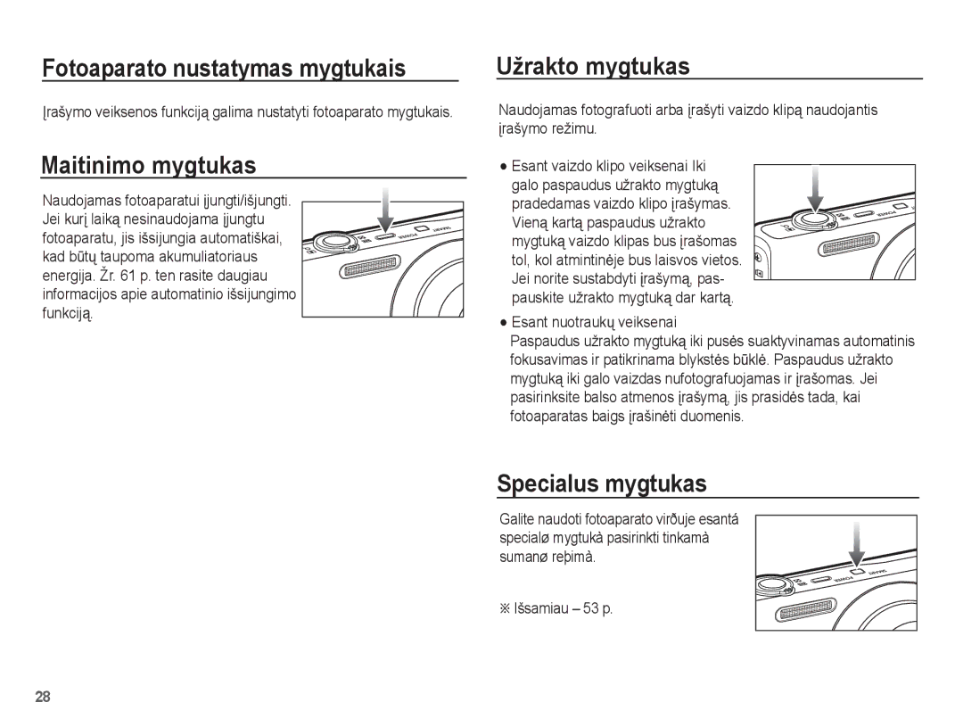 Samsung EC-ST60ZZBPBRU manual Fotoaparato nustatymas mygtukais, Maitinimo mygtukas, Užrakto mygtukas, Specialus mygtukas 