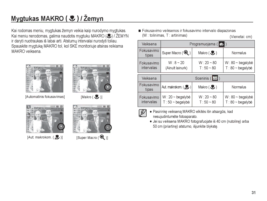 Samsung EC-ST60ZZBPRRU, EC-ST60ZZBPBE2, EC-ST60ZZBPSE2, EC-ST60ZZBPLRU manual Mygtukas Makro / Žemyn, Super Macro Makro 