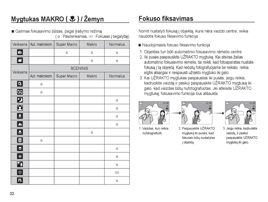 Samsung EC-ST60ZZBPLRU, EC-ST60ZZBPBE2, EC-ST60ZZBPSE2, EC-ST60ZZBPRRU, EC-ST60ZZBPSRU manual Žemyn, Fokuso ﬁksavimas, Veiksena 