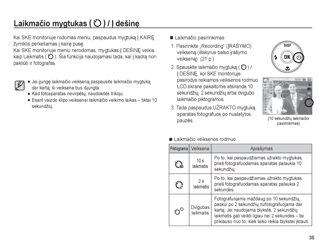 Samsung EC-ST60ZZBPBE2, EC-ST60ZZBPSE2, EC-ST60ZZBPRRU manual Laikmaþio mygtukas / Ʋ dešinĊ, Laikmaþio veiksenos rodmuo 