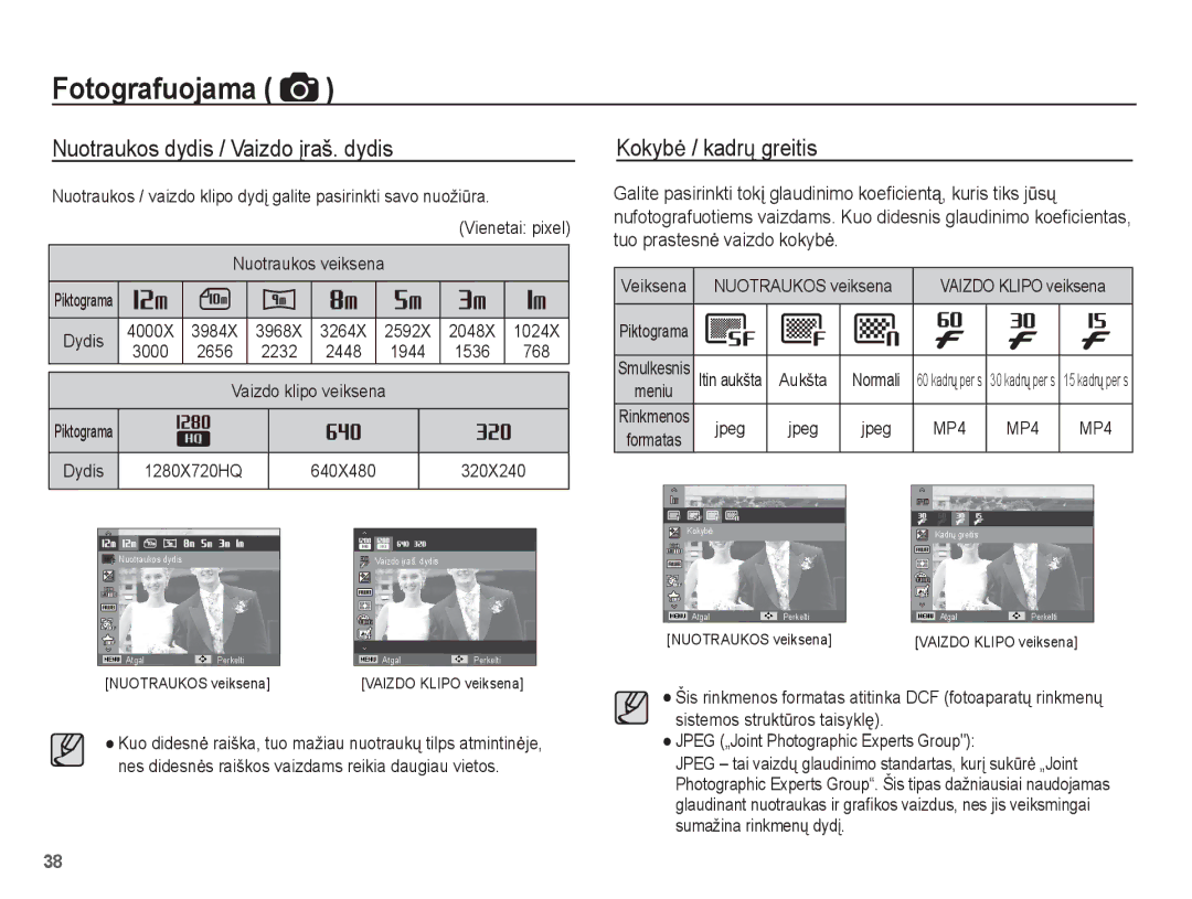 Samsung EC-ST60ZZBPLRU, EC-ST60ZZBPBE2, EC-ST60ZZBPSE2 manual Nuotraukos dydis / Vaizdo Ƴraš. dydis, Kokybơ / kadrǐ greitis 