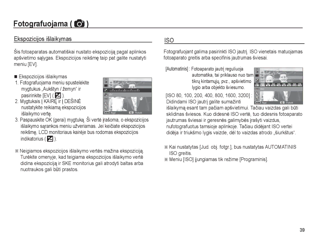 Samsung EC-ST60ZZBPSRU manual Ekspozicijos išlaikymas, ISO 80, 100, 200, 400, 800, 1600, Pasirinkite EV, Išlaikymo vertĊ 