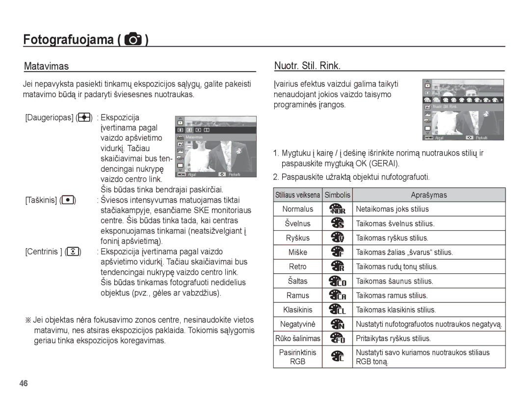 Samsung EC-ST60ZZBPBRU, EC-ST60ZZBPBE2, EC-ST60ZZBPSE2, EC-ST60ZZBPRRU, EC-ST60ZZBPLRU manual Matavimas Nuotr. Stil. Rink 