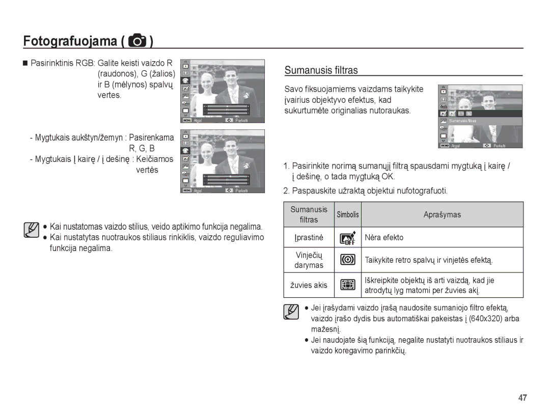 Samsung EC-ST60ZZBPBE2, EC-ST60ZZBPSE2, EC-ST60ZZBPRRU, EC-ST60ZZBPLRU, EC-ST60ZZBPSRU, EC-ST60ZZBPBRU manual Sumanusis ﬁltras 