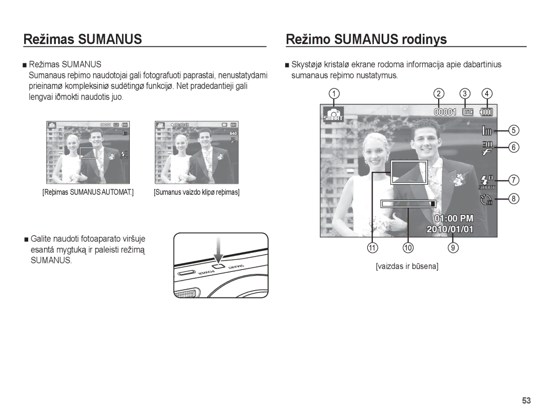 Samsung EC-ST60ZZBPBE2 manual Režimas Sumanus Režimo Sumanus rodinys, Reþimas Sumanus AUTOMAT. Sumanus vaizdo klipø reþimas 