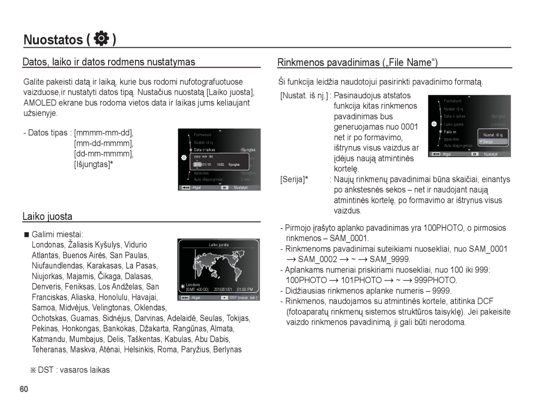 Samsung EC-ST60ZZBPSE2 manual Datos, laiko ir datos rodmens nustatymas, Rinkmenos pavadinimas „File Name, Laiko juosta 