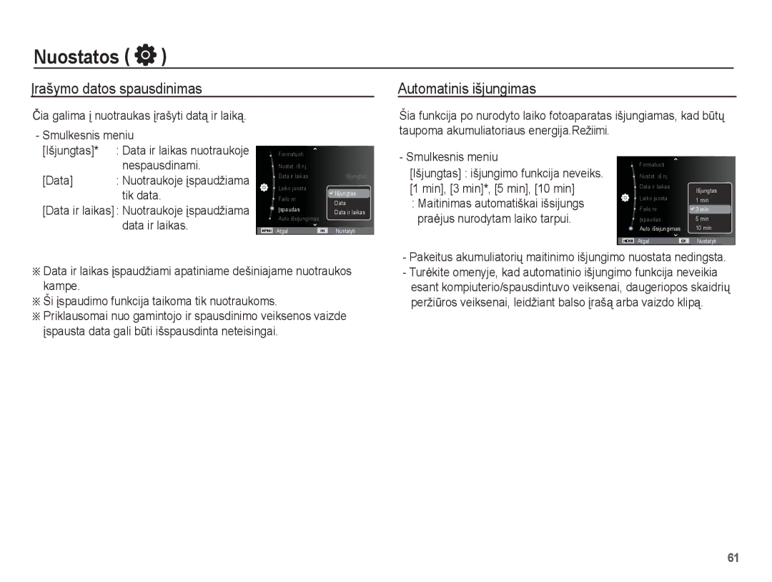 Samsung EC-ST60ZZBPRRU, EC-ST60ZZBPBE2 Ʋrašymo datos spausdinimas Automatinis išjungimas, Nespausdinami, Data, Tik data 