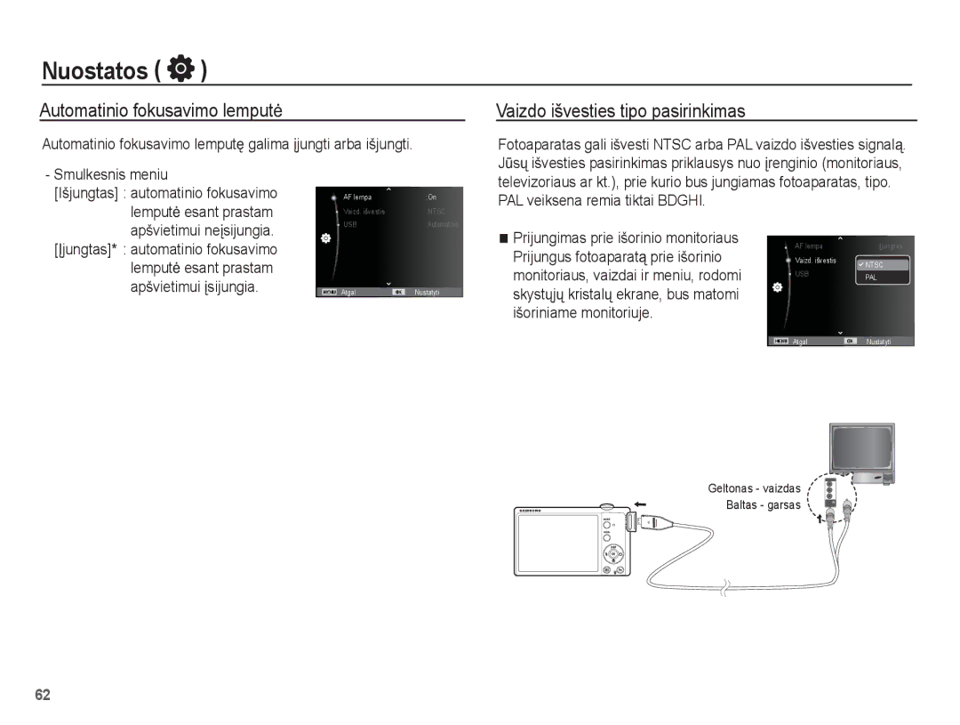 Samsung EC-ST60ZZBPLRU manual Automatinio fokusavimo lemputơ, Vaizdo išvesties tipo pasirinkimas, Apšvietimui Ƴsijungia 