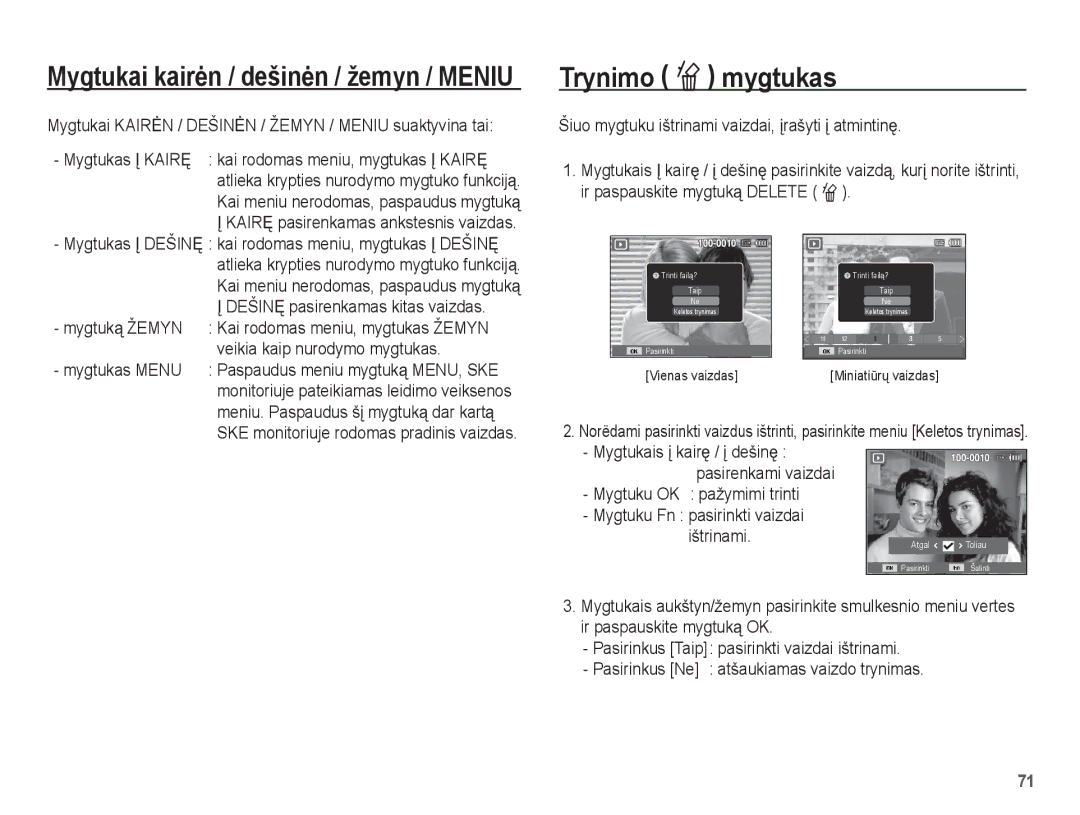 Samsung EC-ST60ZZBPBE2, EC-ST60ZZBPSE2 Trynimo Õ mygtukas, Mygtuką Žemyn, Veikia kaip nurodymo mygtukas, Mygtukas Menu 