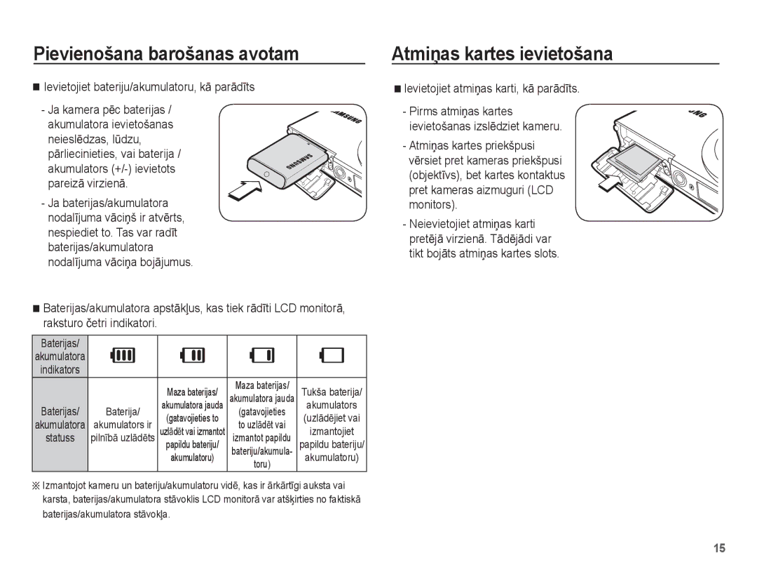 Samsung EC-ST60ZZBPSRU, EC-ST60ZZBPBE2 manual AtmiƼas kartes ievietošana, Ievietojiet bateriju/akumulatoru, kƗ parƗdƯts 