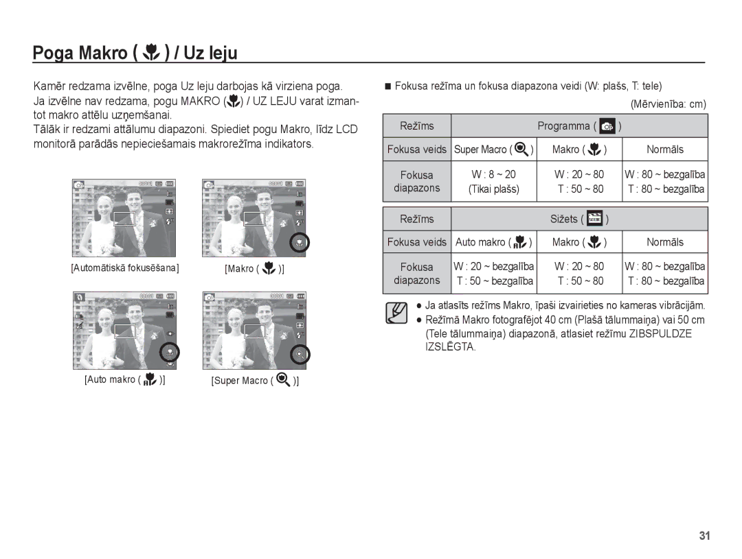 Samsung EC-ST60ZZBPRRU manual Poga Makro / Uz leju, Fokusa režƯma un fokusa diapazona veidi W plašs, T tele, RežƯms 