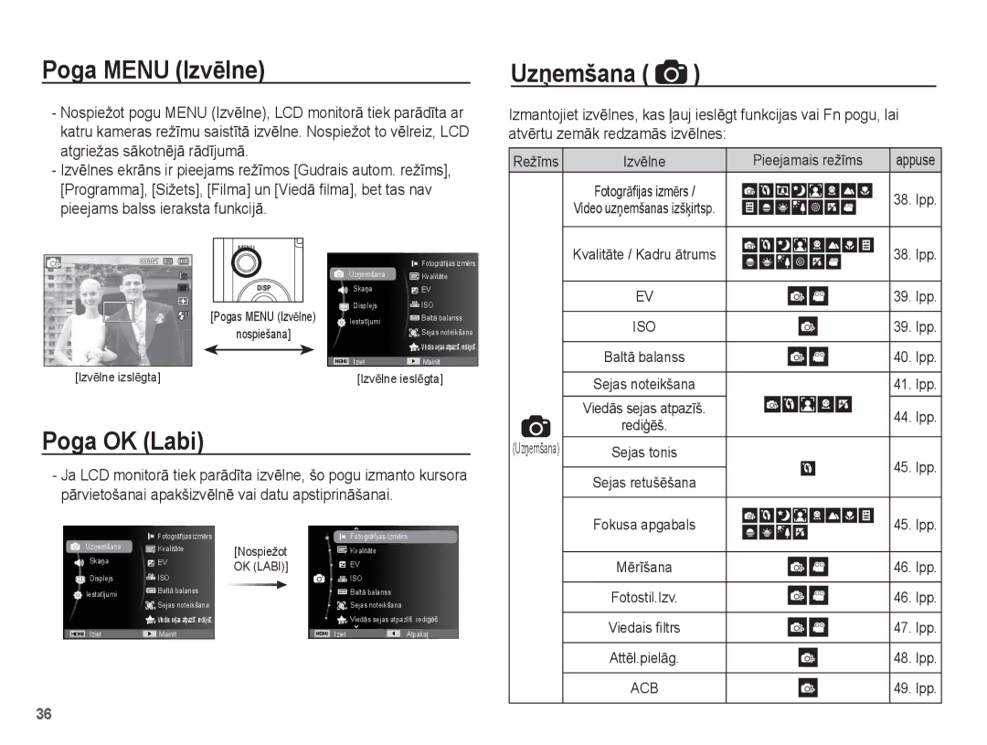 Samsung EC-ST60ZZBPSE2, EC-ST60ZZBPBE2, EC-ST60ZZBPRRU, EC-ST60ZZBPLRU manual Poga Menu IzvƝlne, Poga OK Labi, UzƼemšana 