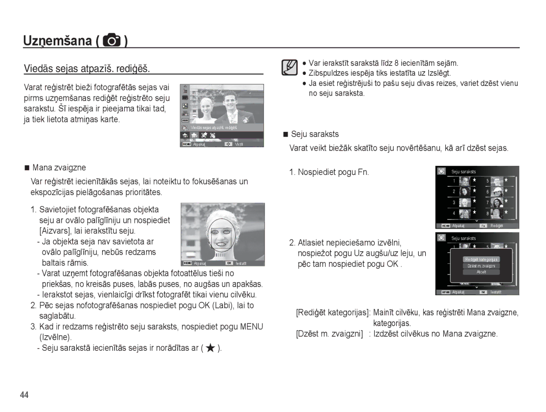 Samsung EC-ST60ZZBPLRU, EC-ST60ZZBPBE2, EC-ST60ZZBPSE2, EC-ST60ZZBPRRU, EC-ST60ZZBPSRU manual Viedās sejas atpazīš. rediģēš 