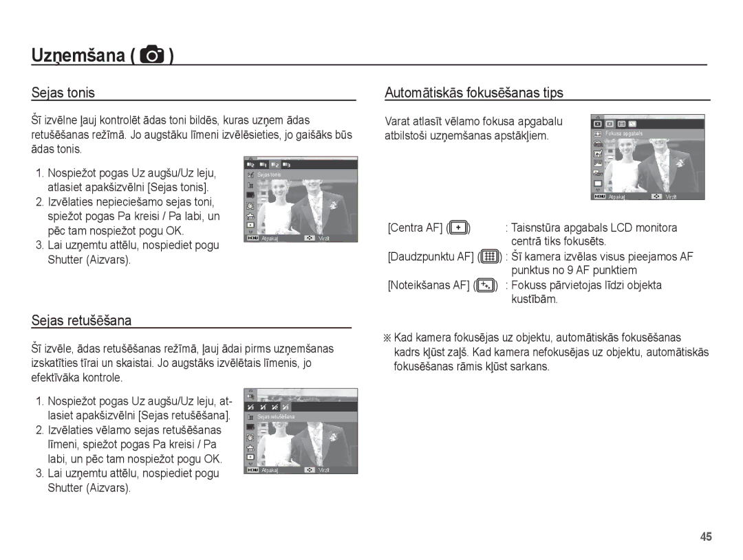 Samsung EC-ST60ZZBPSRU, EC-ST60ZZBPBE2, EC-ST60ZZBPSE2 manual Sejas tonis, AutomƗtiskƗs fokusƝšanas tips, Sejas retušƝšana 