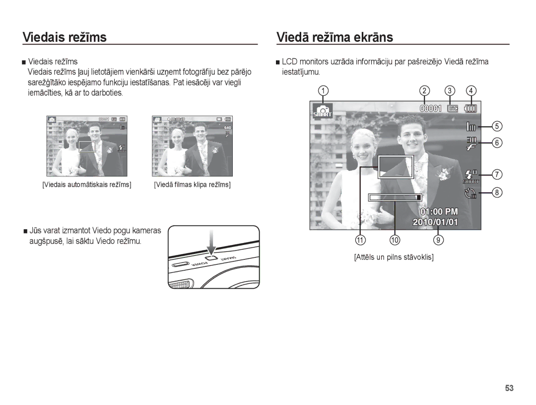 Samsung EC-ST60ZZBPBE2, EC-ST60ZZBPSE2, EC-ST60ZZBPRRU manual Viedais režƯms, ViedƗ režƯma ekrƗns, AttƝls un pilns stƗvoklis 