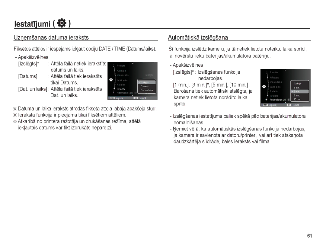 Samsung EC-ST60ZZBPRRU, EC-ST60ZZBPBE2, EC-ST60ZZBPSE2, EC-ST60ZZBPLRU UzƼemšanas datuma ieraksts, AutomƗtiskƗ izslƝgšana 