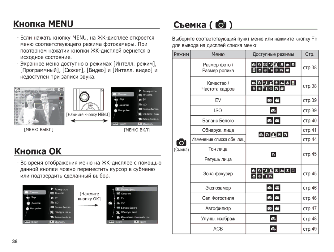 Samsung EC-ST60ZZBPSE2 manual ǱȕȖȗȒȈ Menu, ǱȕȖȗȒȈ OK, ǸȢȍȔȒȈ, Ȼɵɛɟɪɢɬɟ ɫɨɨɬɜɟɬɫɬɜɭɸɳɢɣ ɩɭɧɤɬ ɦɟɧɸ ɢɥɢ ɧɚɠɦɢɬɟ ɤɧɨɩɤɭ Fn 