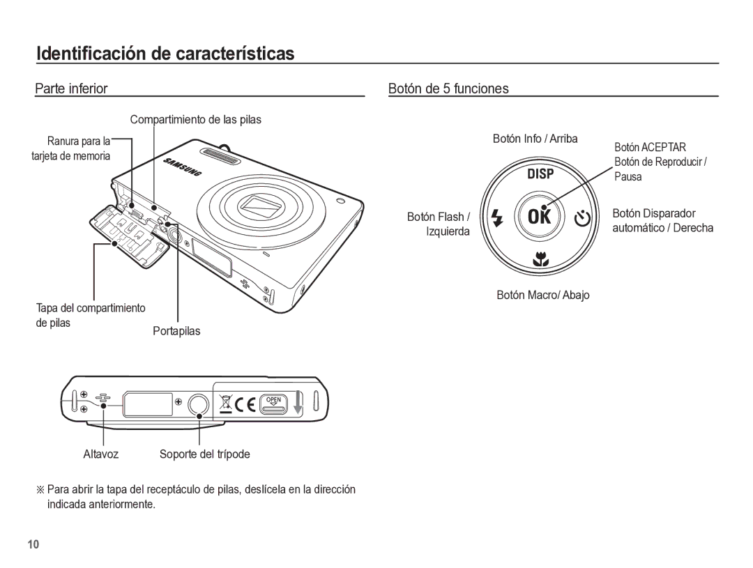 Samsung EC-ST60ZZBPBE1, EC-ST60ZZBPLE1, EC-ST60ZZBPRE1 manual Parte inferior, Botón de 5 funciones 