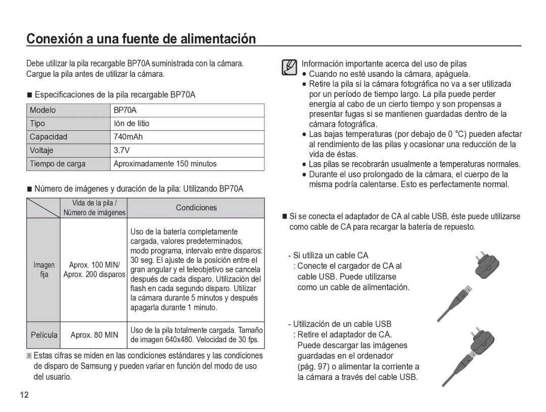 Samsung EC-ST60ZZBPRE1, EC-ST60ZZBPLE1 Conexión a una fuente de alimentación, Especiﬁcaciones de la pila recargable BP70A 