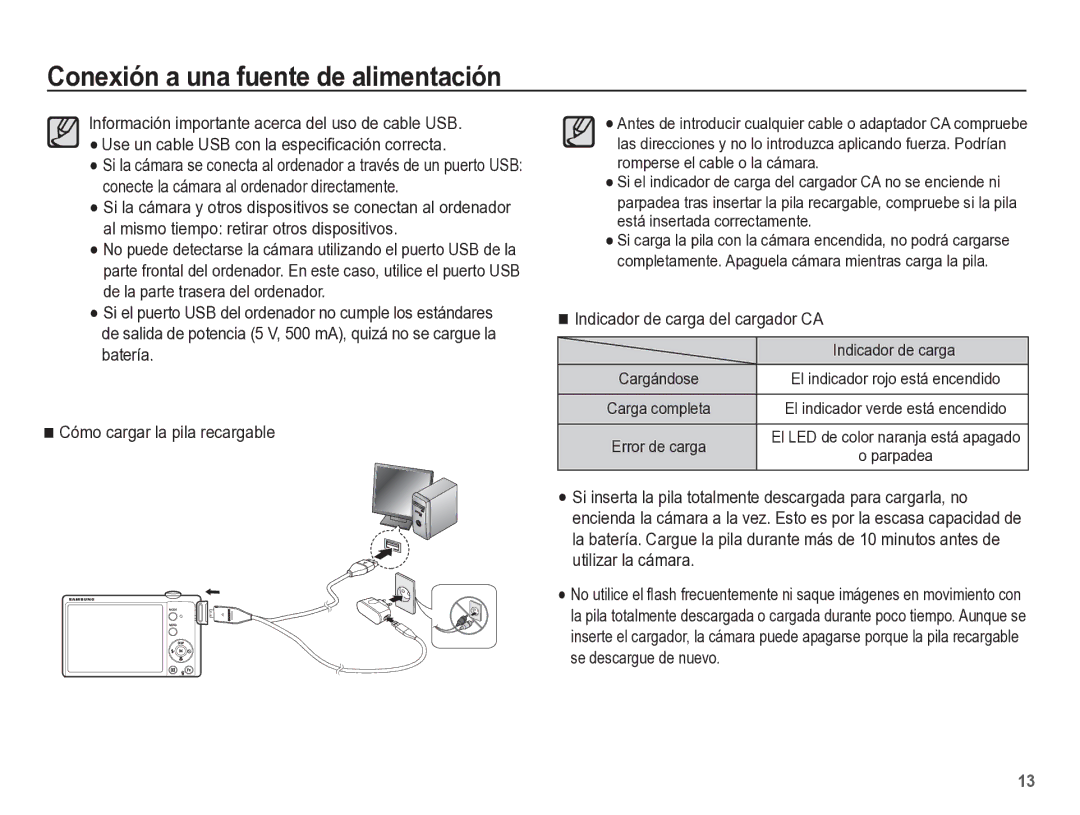 Samsung EC-ST60ZZBPBE1, EC-ST60ZZBPLE1, EC-ST60ZZBPRE1 manual Indicador de carga del cargador CA 