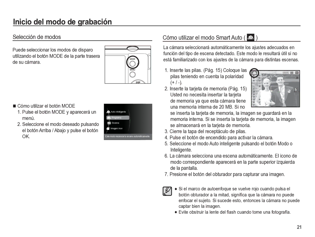 Samsung EC-ST60ZZBPRE1, EC-ST60ZZBPLE1 Inicio del modo de grabación, Selección de modos Cómo utilizar el modo Smart Auto 