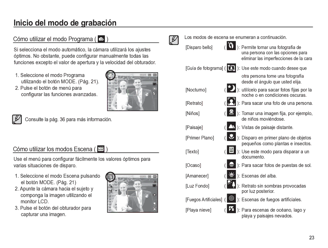 Samsung EC-ST60ZZBPLE1, EC-ST60ZZBPRE1, EC-ST60ZZBPBE1 manual Cómo utilizar el modo Programa, Cómo utilizar los modos Escena 
