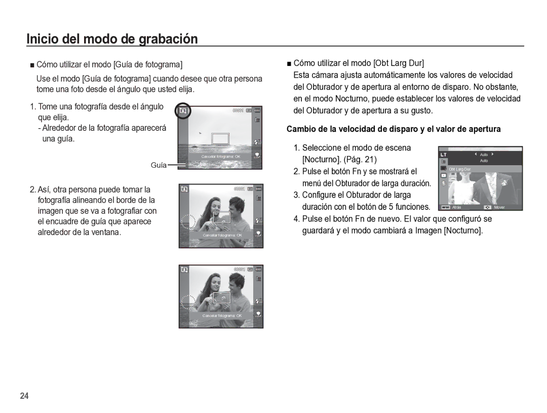 Samsung EC-ST60ZZBPRE1, EC-ST60ZZBPLE1 manual Cómo utilizar el modo Guía de fotograma, Cómo utilizar el modo Obt Larg Dur 