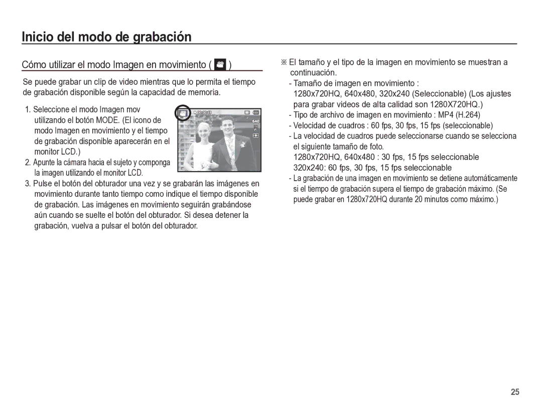 Samsung EC-ST60ZZBPBE1, EC-ST60ZZBPLE1, EC-ST60ZZBPRE1 manual Cómo utilizar el modo Imagen en movimiento 