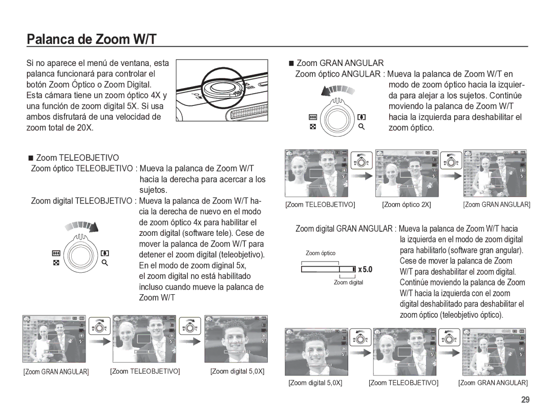 Samsung EC-ST60ZZBPLE1 manual Palanca de Zoom W/T, Zoom Gran Angular, Hacia la izquierda para deshabilitar el zoom óptico 