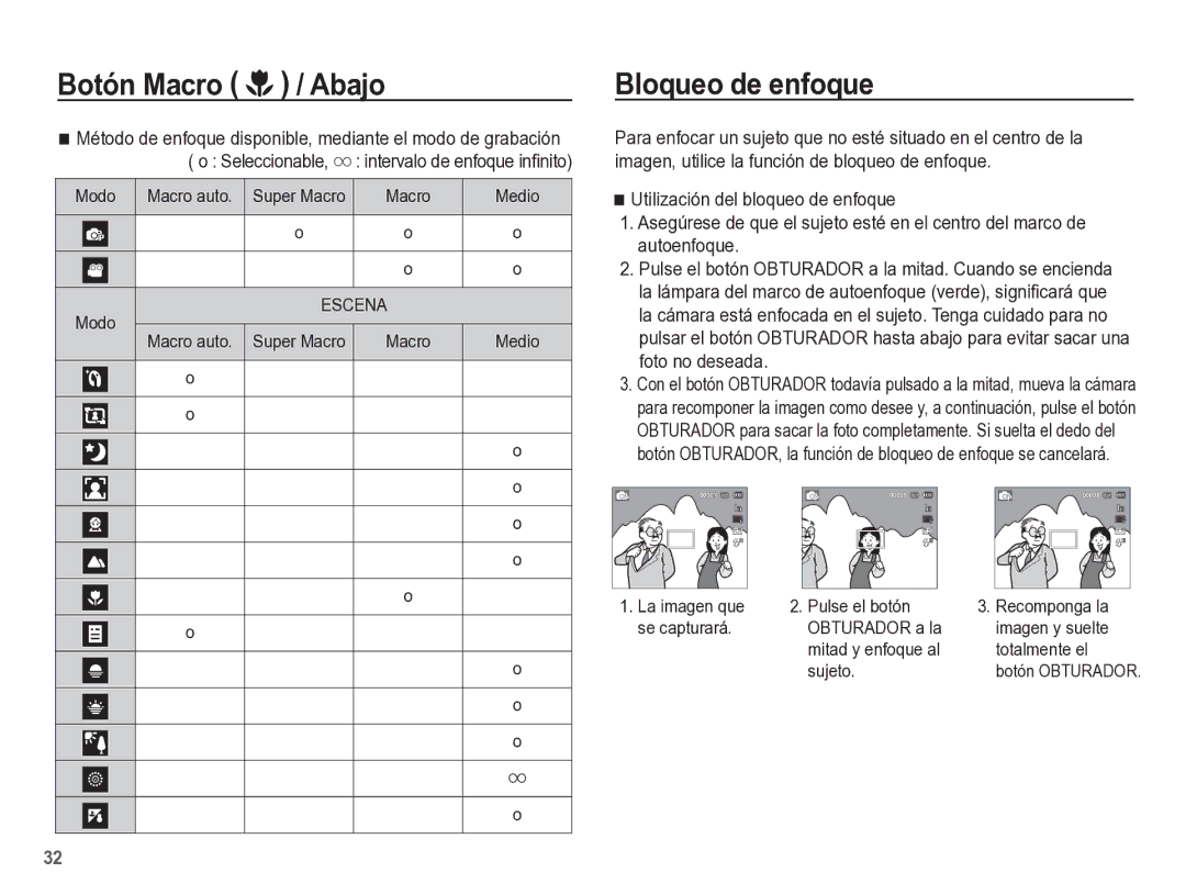 Samsung EC-ST60ZZBPLE1, EC-ST60ZZBPRE1, EC-ST60ZZBPBE1 manual Abajo, Bloqueo de enfoque, Seleccionable 