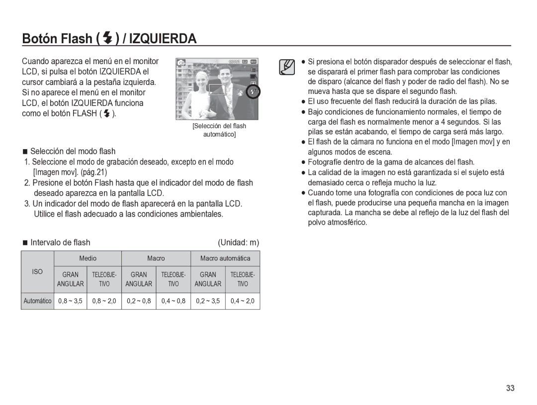 Samsung EC-ST60ZZBPRE1, EC-ST60ZZBPLE1, EC-ST60ZZBPBE1 manual Botón Flash / Izquierda, Iso 