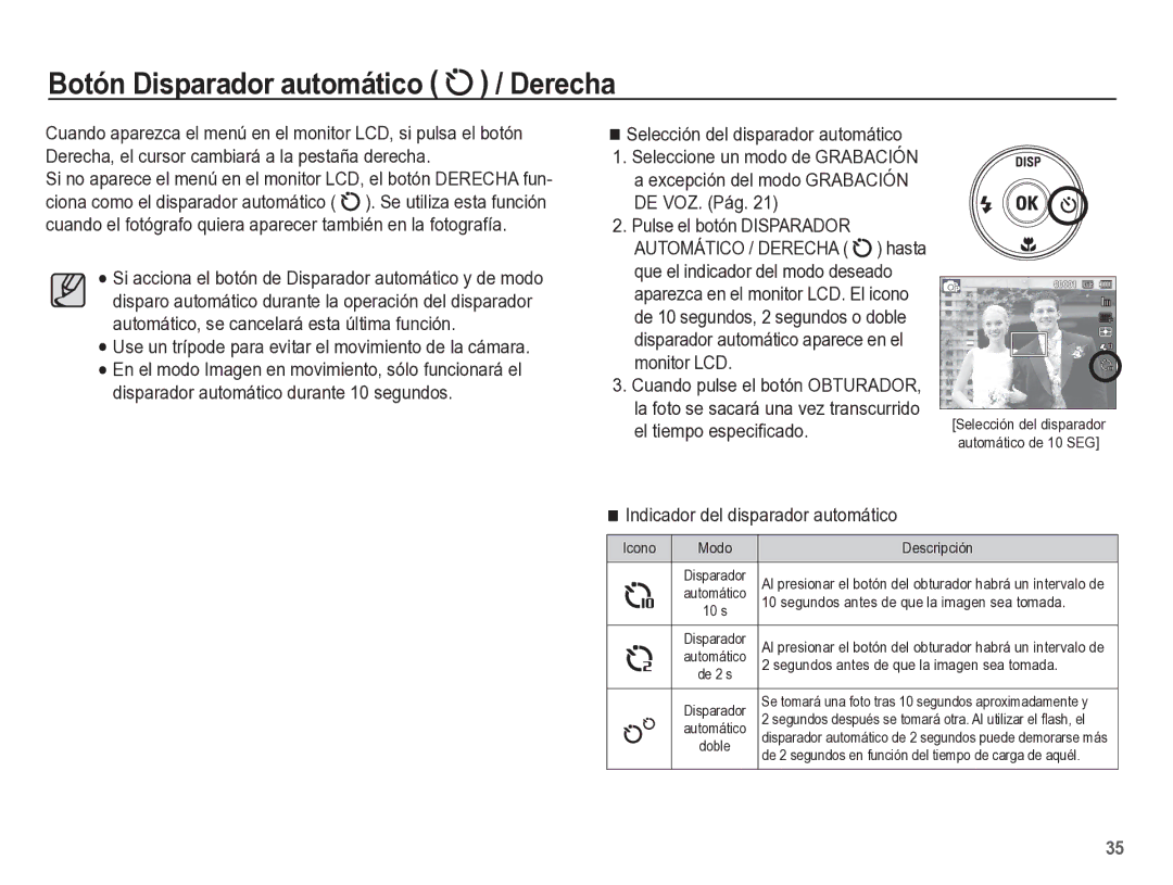 Samsung EC-ST60ZZBPLE1, EC-ST60ZZBPRE1 manual Botón Disparador automático / Derecha, Indicador del disparador automático 