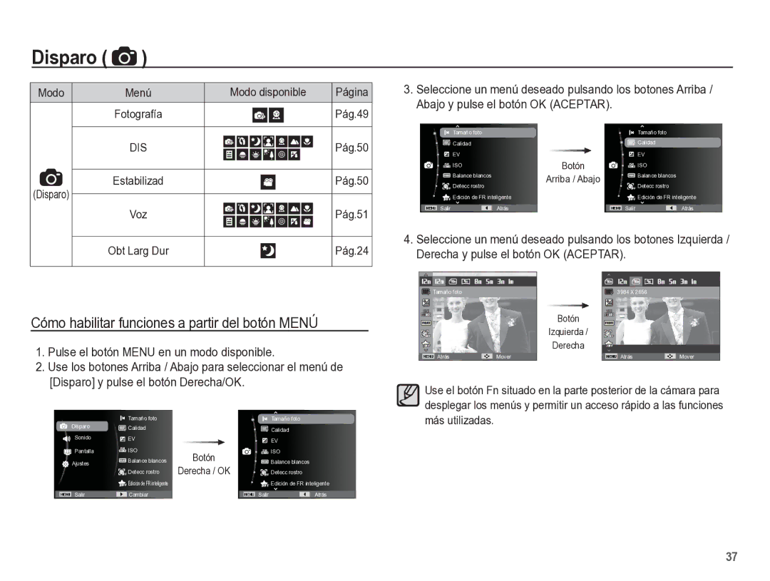 Samsung EC-ST60ZZBPBE1 manual Cómo habilitar funciones a partir del botón Menú, Pulse el botón Menu en un modo disponible 