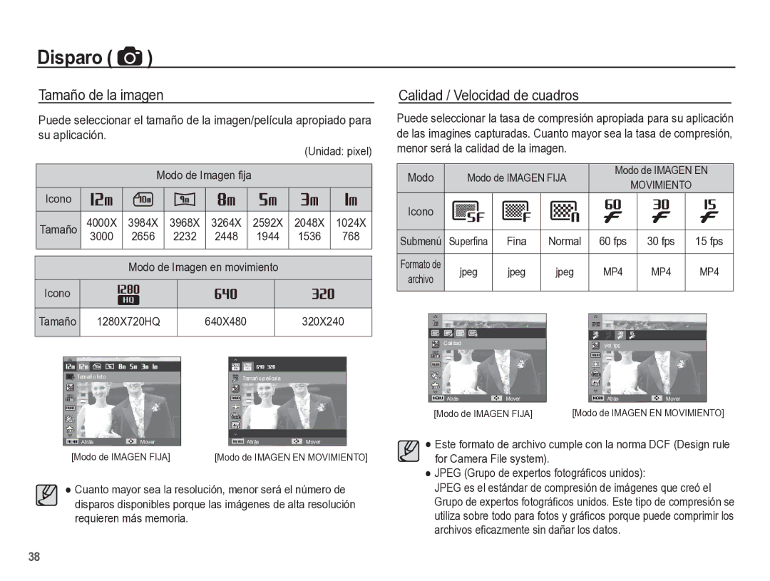 Samsung EC-ST60ZZBPLE1, EC-ST60ZZBPRE1, EC-ST60ZZBPBE1 manual Tamaño de la imagen, Calidad / Velocidad de cuadros 