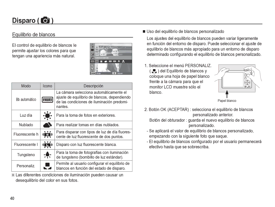 Samsung EC-ST60ZZBPBE1, EC-ST60ZZBPLE1, EC-ST60ZZBPRE1 manual Equilibrio de blancos, Personalizado 