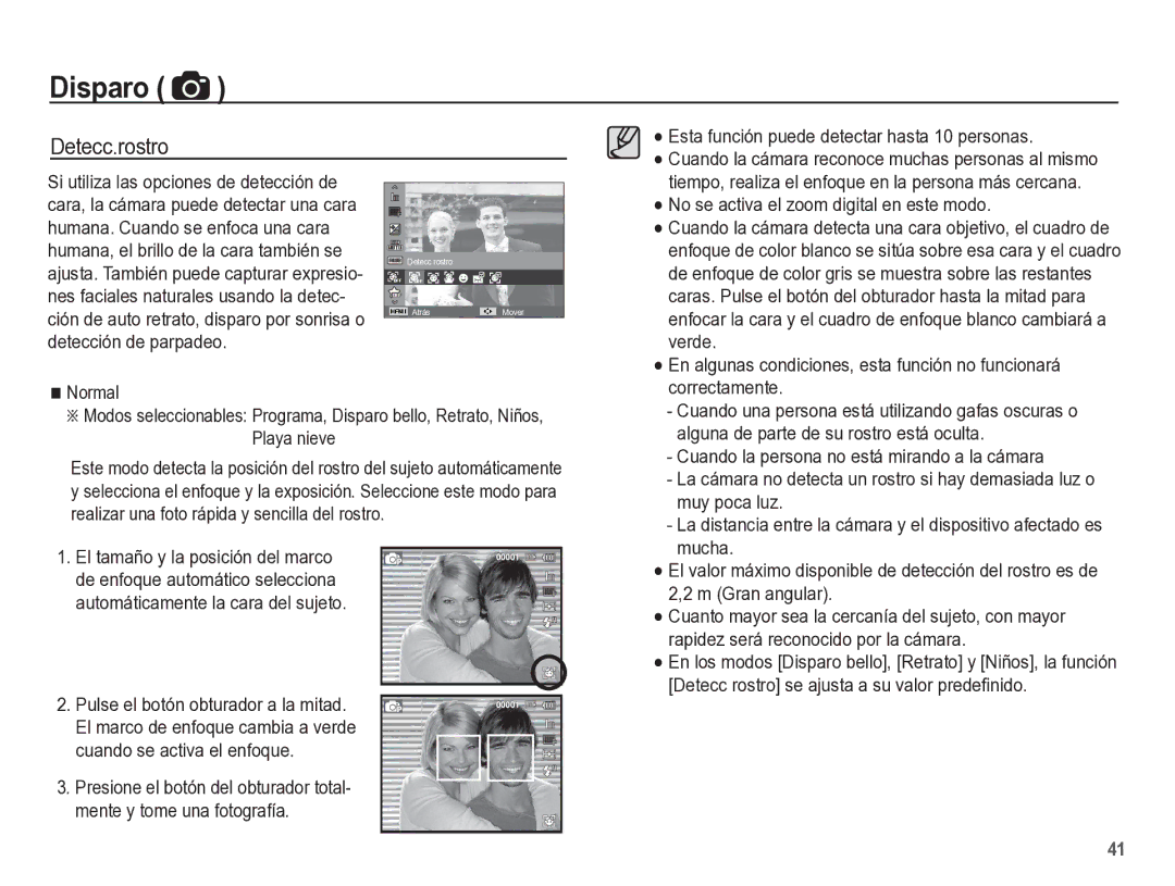 Samsung EC-ST60ZZBPLE1, EC-ST60ZZBPRE1 manual Detecc.rostro, La distancia entre la cámara y el dispositivo afectado es 