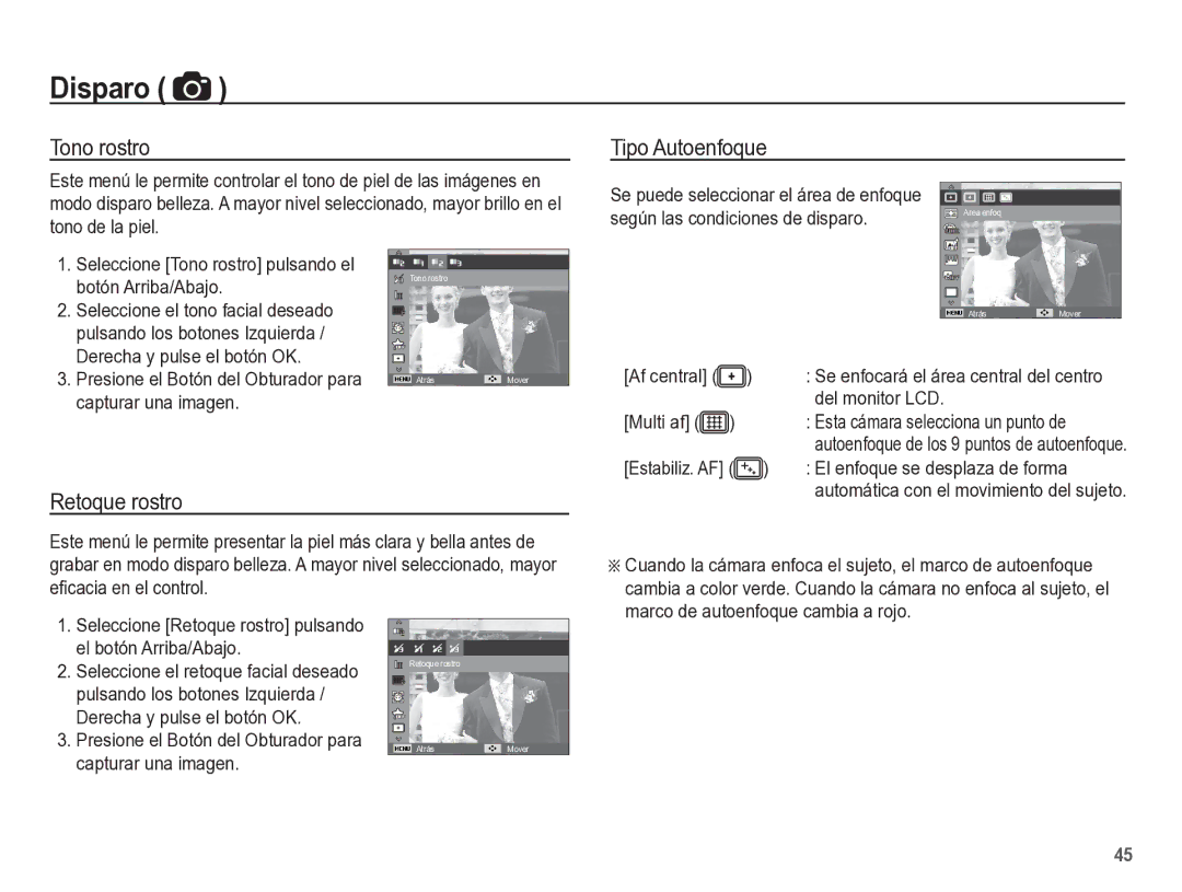 Samsung EC-ST60ZZBPRE1, EC-ST60ZZBPLE1, EC-ST60ZZBPBE1 manual Tono rostro, Tipo Autoenfoque, Retoque rostro 