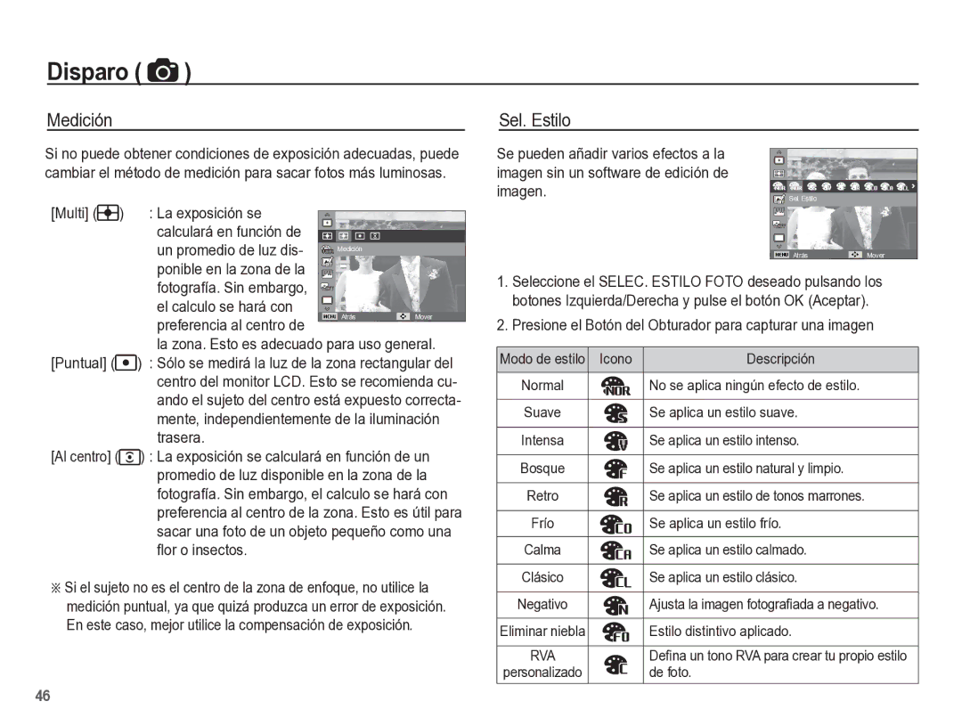 Samsung EC-ST60ZZBPBE1, EC-ST60ZZBPLE1, EC-ST60ZZBPRE1 manual Medición, Sel. Estilo 