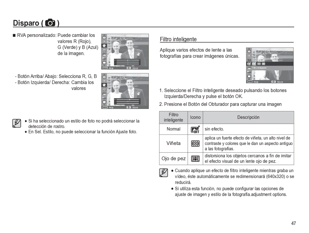 Samsung EC-ST60ZZBPLE1, EC-ST60ZZBPRE1, EC-ST60ZZBPBE1 manual Filtro inteligente, Botón Arriba/ Abajo Selecciona R, G, B 