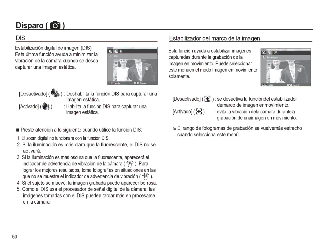 Samsung EC-ST60ZZBPLE1 manual Estabilizador del marco de la imagen, Estabilización digital de imagen DIS, Desactivado 