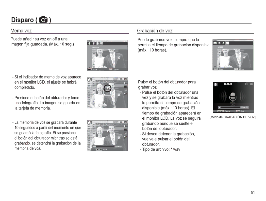 Samsung EC-ST60ZZBPRE1, EC-ST60ZZBPLE1, EC-ST60ZZBPBE1 manual Memo voz, Grabación de voz 