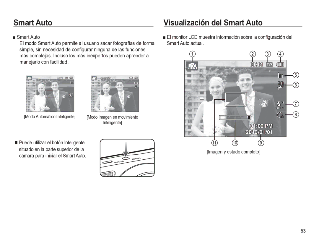 Samsung EC-ST60ZZBPLE1, EC-ST60ZZBPRE1 manual Smart Auto Visualización del Smart Auto, Cámara para iniciar el Smart Auto 