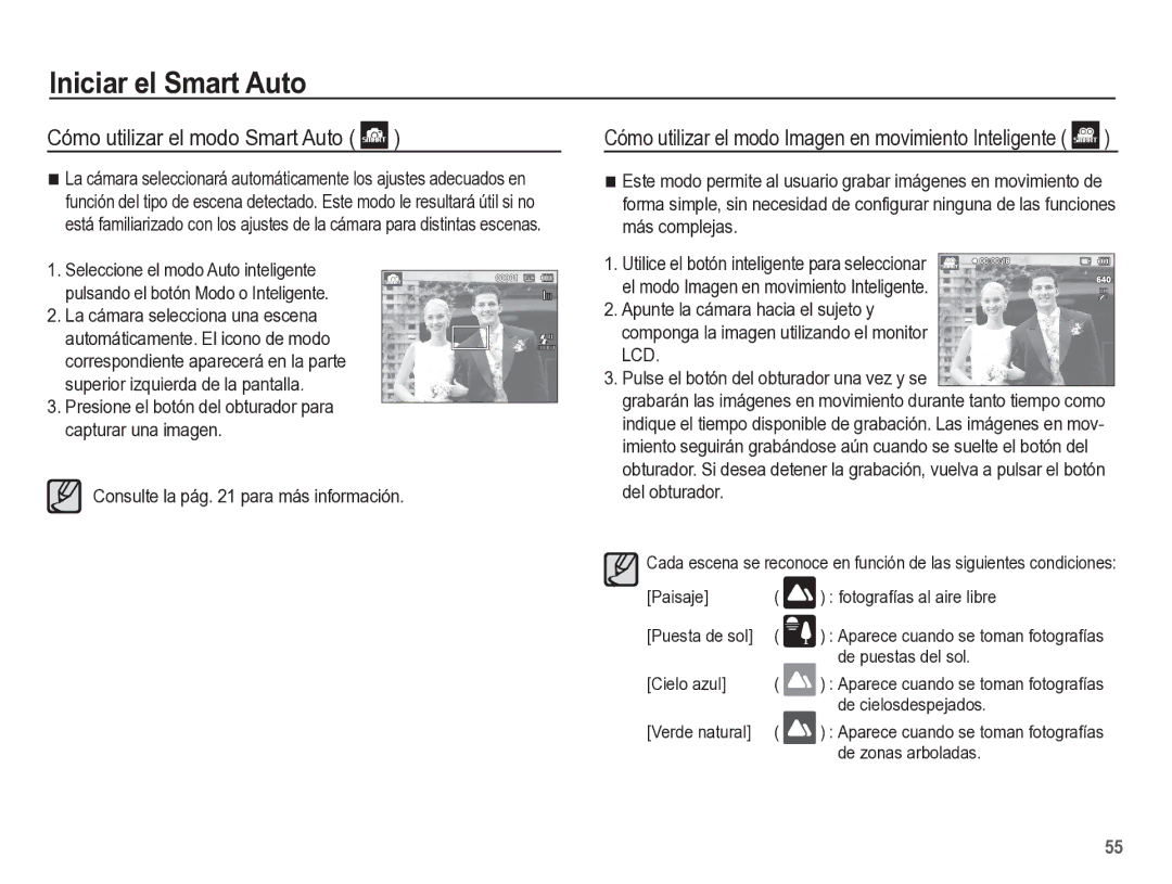 Samsung EC-ST60ZZBPBE1 manual Cómo utilizar el modo Imagen en movimiento Inteligente, Paisaje Fotografías al aire libre 