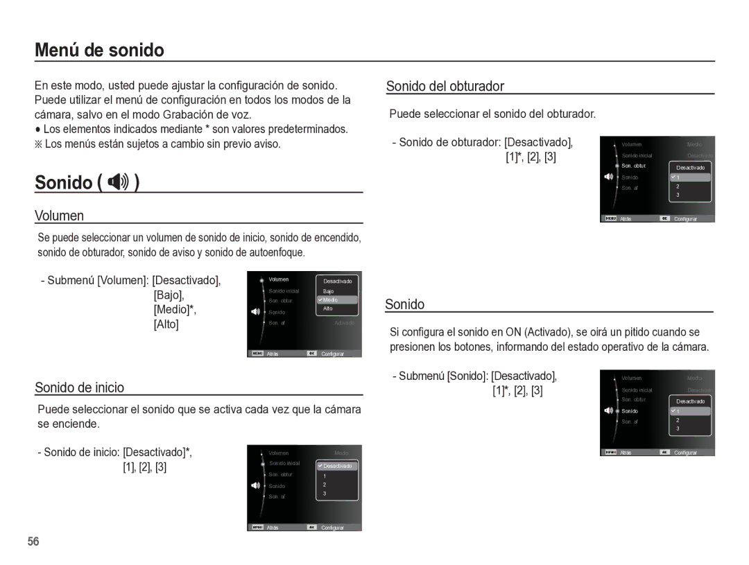 Samsung EC-ST60ZZBPLE1, EC-ST60ZZBPRE1, EC-ST60ZZBPBE1 manual Menú de sonido, Sonido  