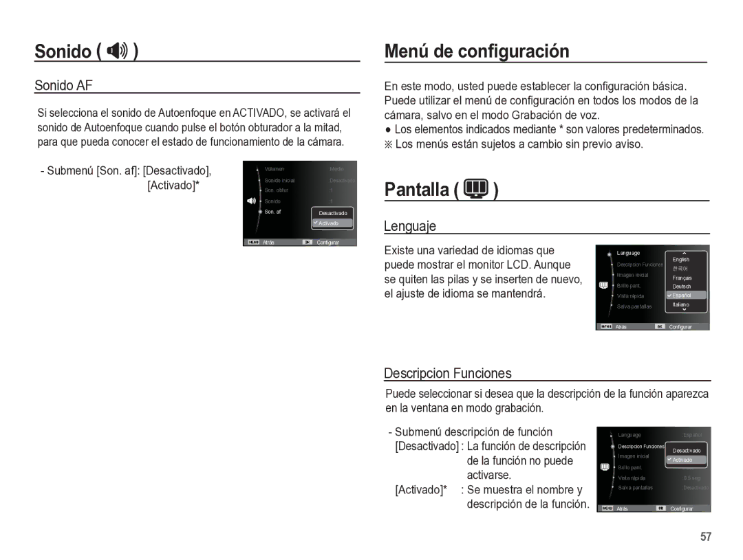 Samsung EC-ST60ZZBPRE1, EC-ST60ZZBPLE1 manual Menú de conﬁguración, Pantalla, Sonido AF, Lenguaje, Descripcion Funciones 