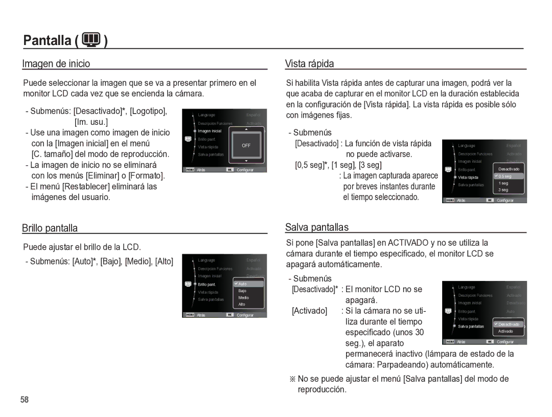 Samsung EC-ST60ZZBPBE1, EC-ST60ZZBPLE1, EC-ST60ZZBPRE1 manual Imagen de inicio, Vista rápida, Brillo pantalla Salva pantallas 