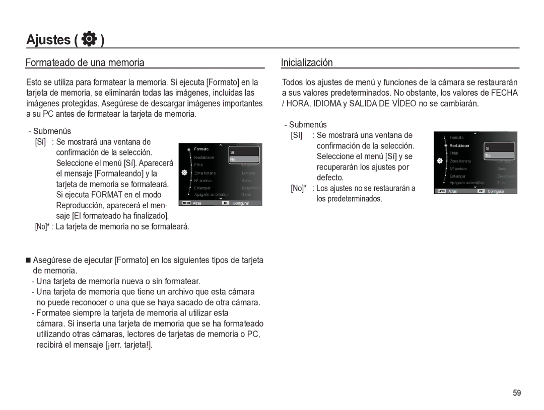 Samsung EC-ST60ZZBPLE1, EC-ST60ZZBPRE1, EC-ST60ZZBPBE1 manual Ajustes, Formateado de una memoria, Inicialización 